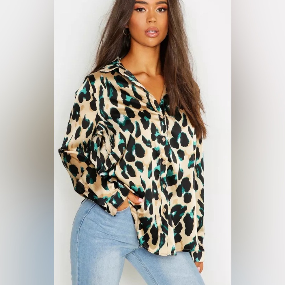 BooHoo Leopard Print Satin Button Down Blouse size 18